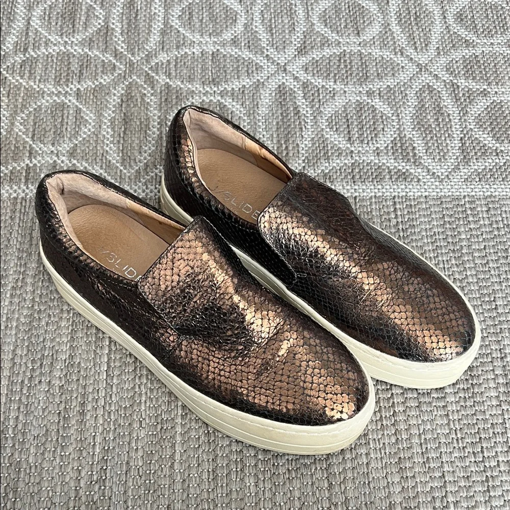 J/Slides Bronze Metallic Embossed Snake Print Slide on Platform Sneakers 7.5